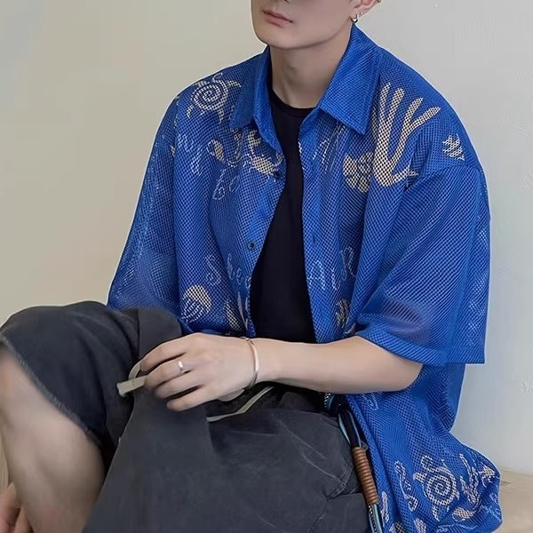镂空网眼短袖衬衣男女潮牌宽松