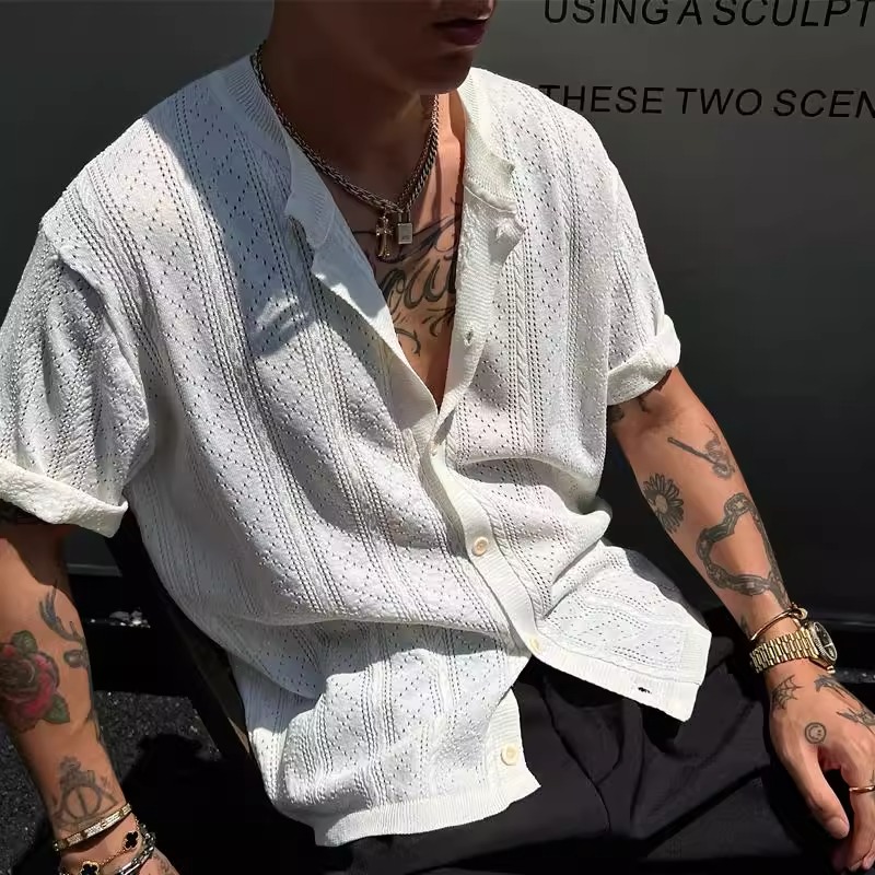 美式菱格镂空针织短袖衬衫男女夏