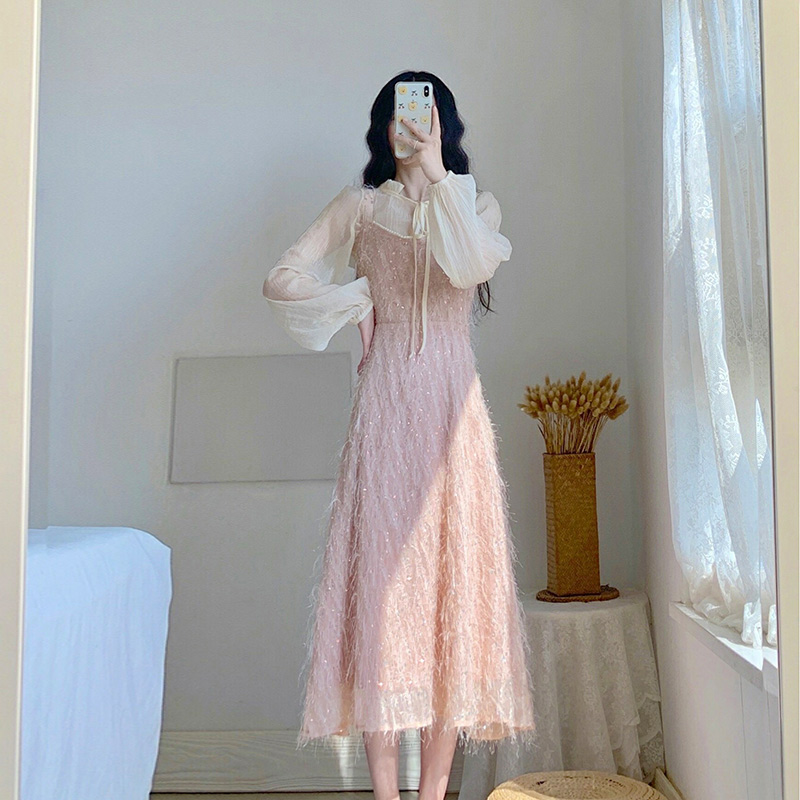 温柔风套装连衣裙秋装女新款茶歇法式复古小众上衣吊带两件套裙子