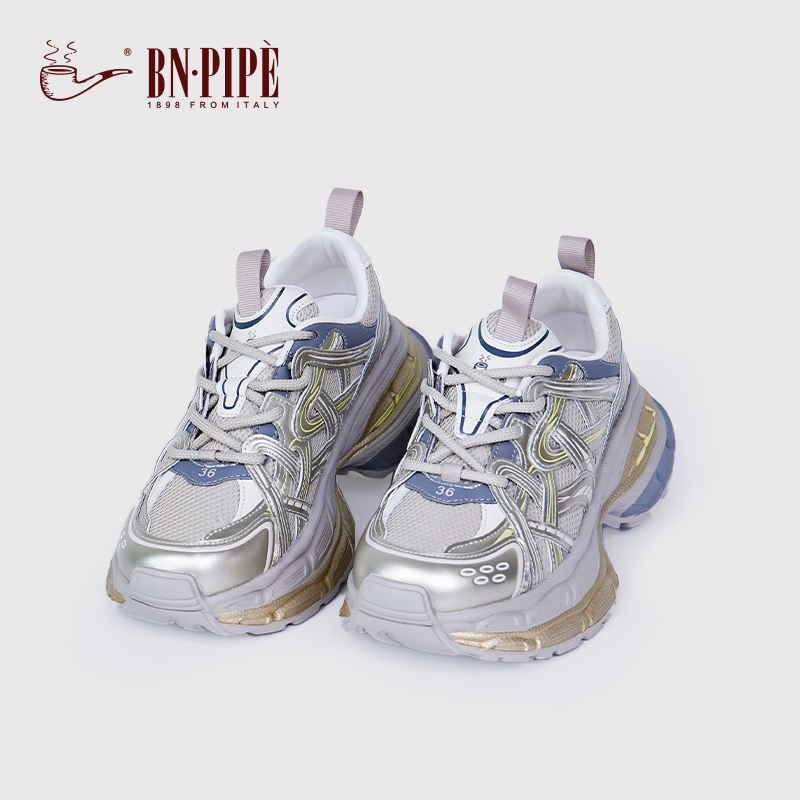 百年烟斗银色老爹鞋网面透气休闲