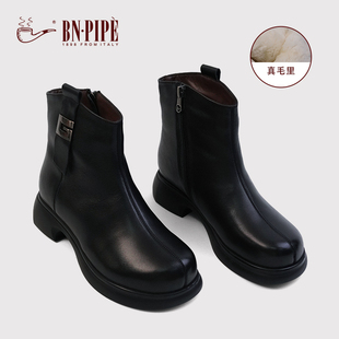 百年烟斗羊毛保暖妈妈冬季女鞋防滑厚底法式短靴东北真皮舒适棉鞋