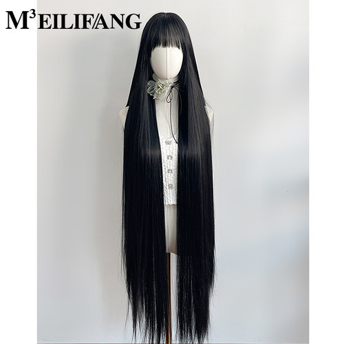 超长黑长直齐刘海130cm整顶假发