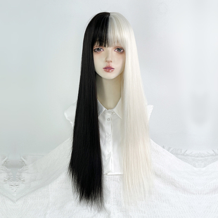 黑白双色假发女全头套长直发洛丽塔哥特风lolita阴阳头万圣节cos