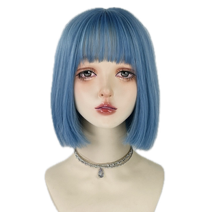 蓝色短发假发一刀切女全头套亚文化lolita波波头y2k万用cos彩直发