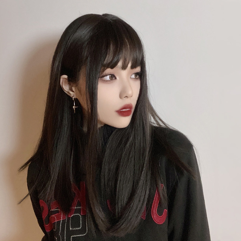 漫画齐刘海黑色长直发假发全头套式女自然日常jk整顶网红中长发型