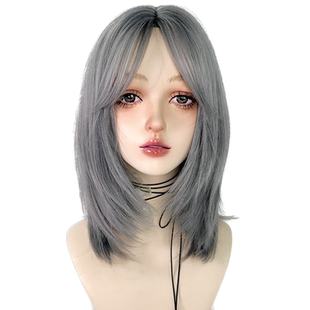 蓝色假发狼尾假发短发中分鲻鱼头灰蓝色男生女少年感亚文化全头套