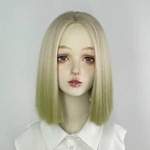白金渐变绿色一刀切假发中分短发全头套女短直发自然修脸日常浅色