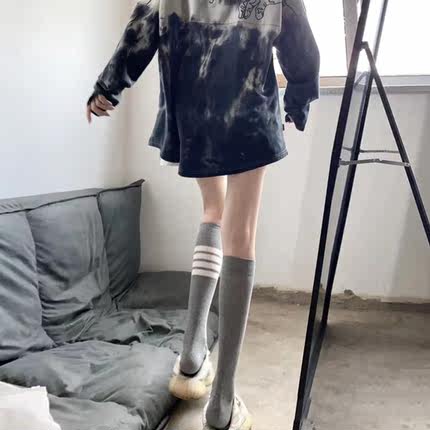 灰色小腿袜子女春夏长袜棉过膝堆堆袜三条杠中筒袜条纹运动长筒袜