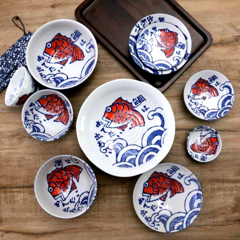 日本进口陶瓷结婚釉下彩鲷鱼碗盘