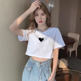 短款t恤女印花白色夏季宽松纯欲风露脐装韩版高腰短袖女夏天上衣