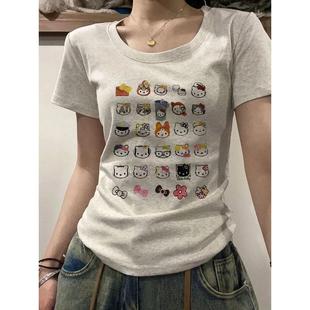 t恤女 纯棉美式 小众圆领打底新款 百搭可爱凯蒂猫印花短袖 上衣修身