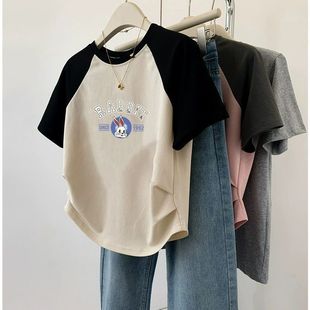 插肩袖 拼接正肩圆领短袖 T恤女褶皱修身 显瘦设计百搭上衣潮流新款