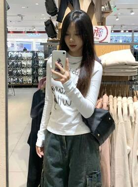 美式修身正肩纯棉长袖t恤女春秋季新款小众常规甜辣妹打底衫上衣