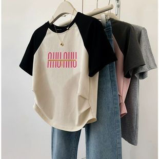 插肩袖 显瘦设计百搭上衣潮流甜美 拼接正肩圆领短袖 T恤女褶皱修身