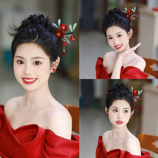 减龄新娘敬酒服造型发簪新中式柔美花朵盘发发钗复古写真婚纱配饰