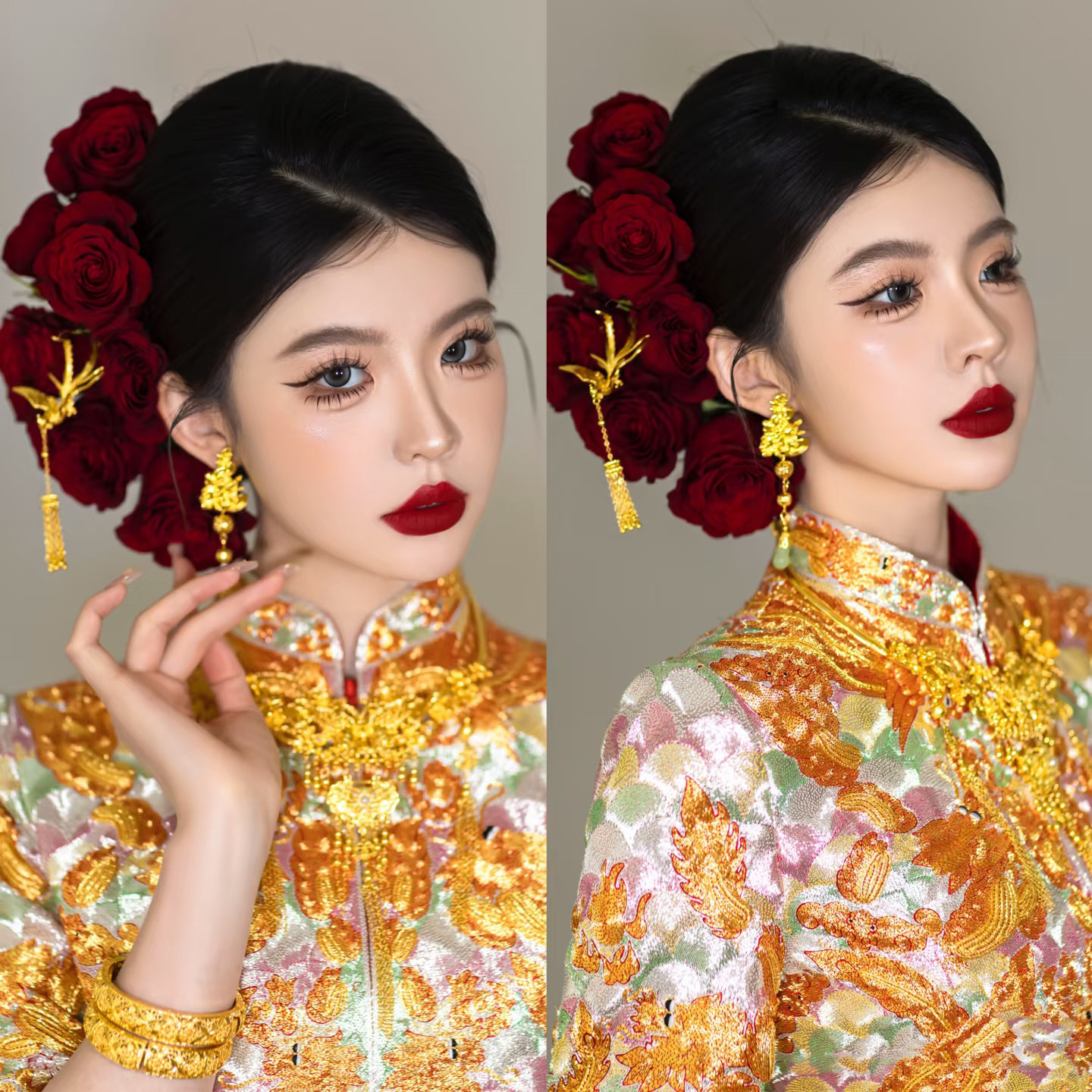 中式新娘结婚发饰古典红色玫瑰花发簪百搭气质龙凤褂敬酒服婚饰品