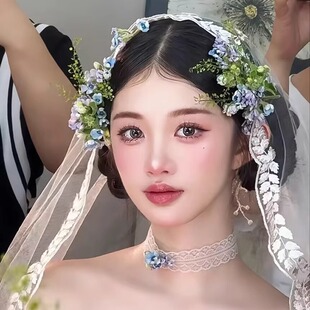 甜美复古森系新娘花朵发夹套装超仙优雅高级外景旅拍草坪婚纱配饰