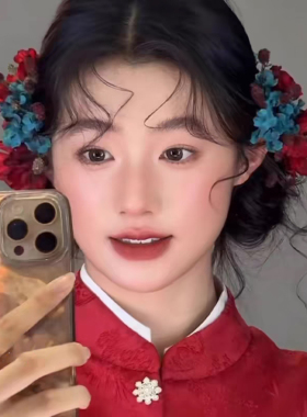 复古红蓝撞色花朵新娘发饰