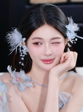 森系超仙新娘羽毛水晶发夹耳饰