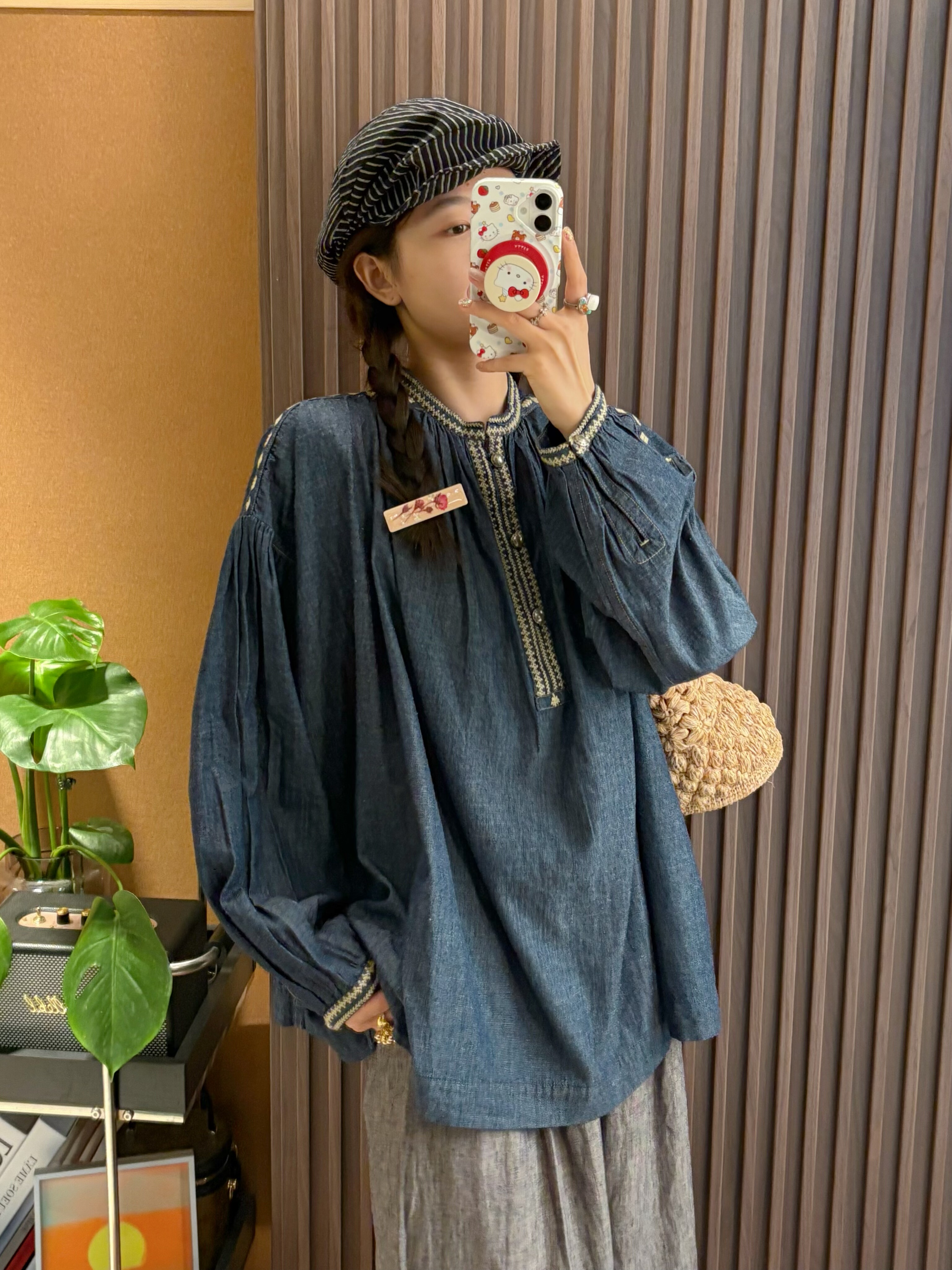 复古宽松牛仔衬衫韩版纯棉百搭圆领女士上衣气质通勤休闲长袖衬衣