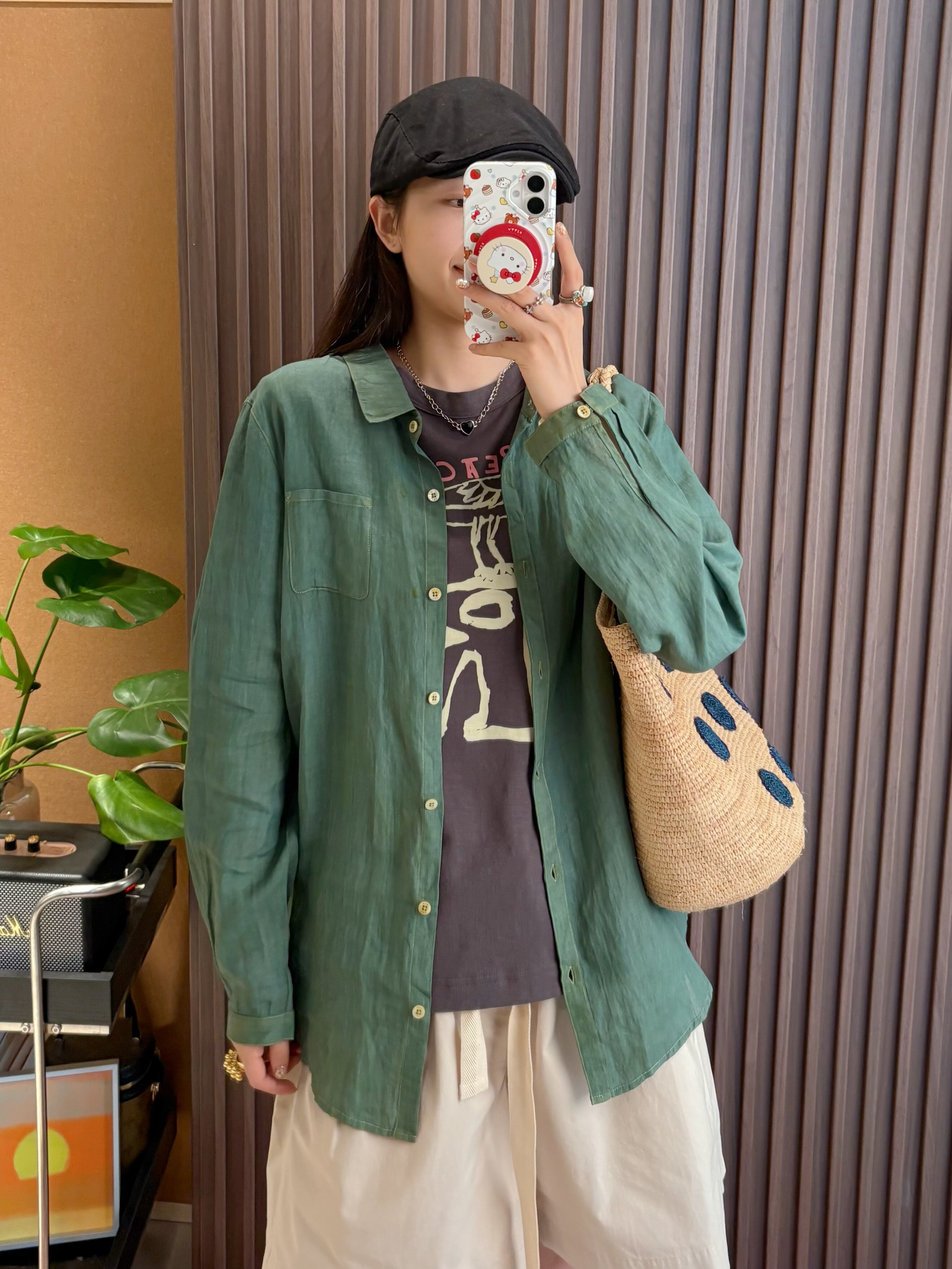 韩版宽松百搭长袖衬衫女春秋季时尚休闲翻领上衣绿色亚麻简约衬衣