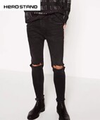 HOSD新品 毛边百搭小脚裤 高质量Skinny Fit黑色破洞紧身弹力牛仔裤