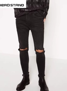 HOSD新品高质量Skinny Fit黑色破洞紧身弹力牛仔裤毛边百搭小脚裤