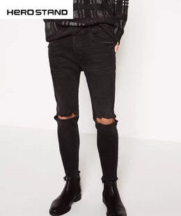 毛边百搭小脚裤 Fit黑色破洞紧身弹力牛仔裤 高质量Skinny HOSD新品