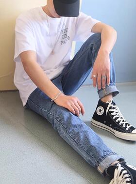 蓝色水洗修身小脚牛仔裤专柜品质简约百搭男女高街塑形牛仔裤街潮