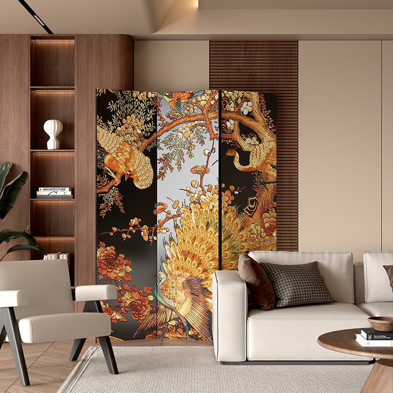 漆画屏风可折叠移动隔断法式中古风孔雀开屏富贵吉祥实木漆画定制