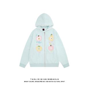 逃离地球可爱卡通水果刺绣连帽开衫卫衣女宽松休闲少女感拉链外套