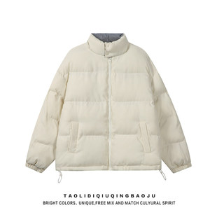 日系简约纯色立领面包服棉服女冬季宽松bf百搭学院风情侣加厚外套