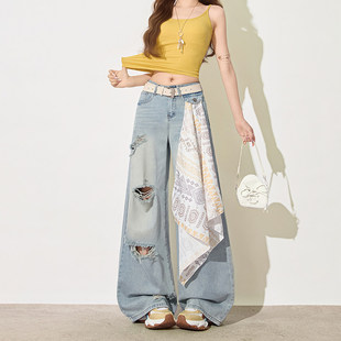夏日韩系水洗破洞牛仔裤女新款送丝巾宽松高腰阔腿垂直感百搭长裤