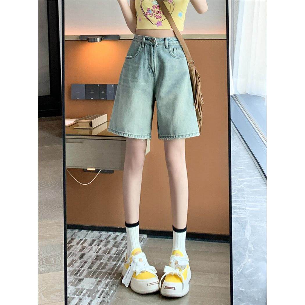 怀旧浅蓝高腰牛仔短裤女薄款外穿2024夏季宽松显瘦直筒阔腿五分裤