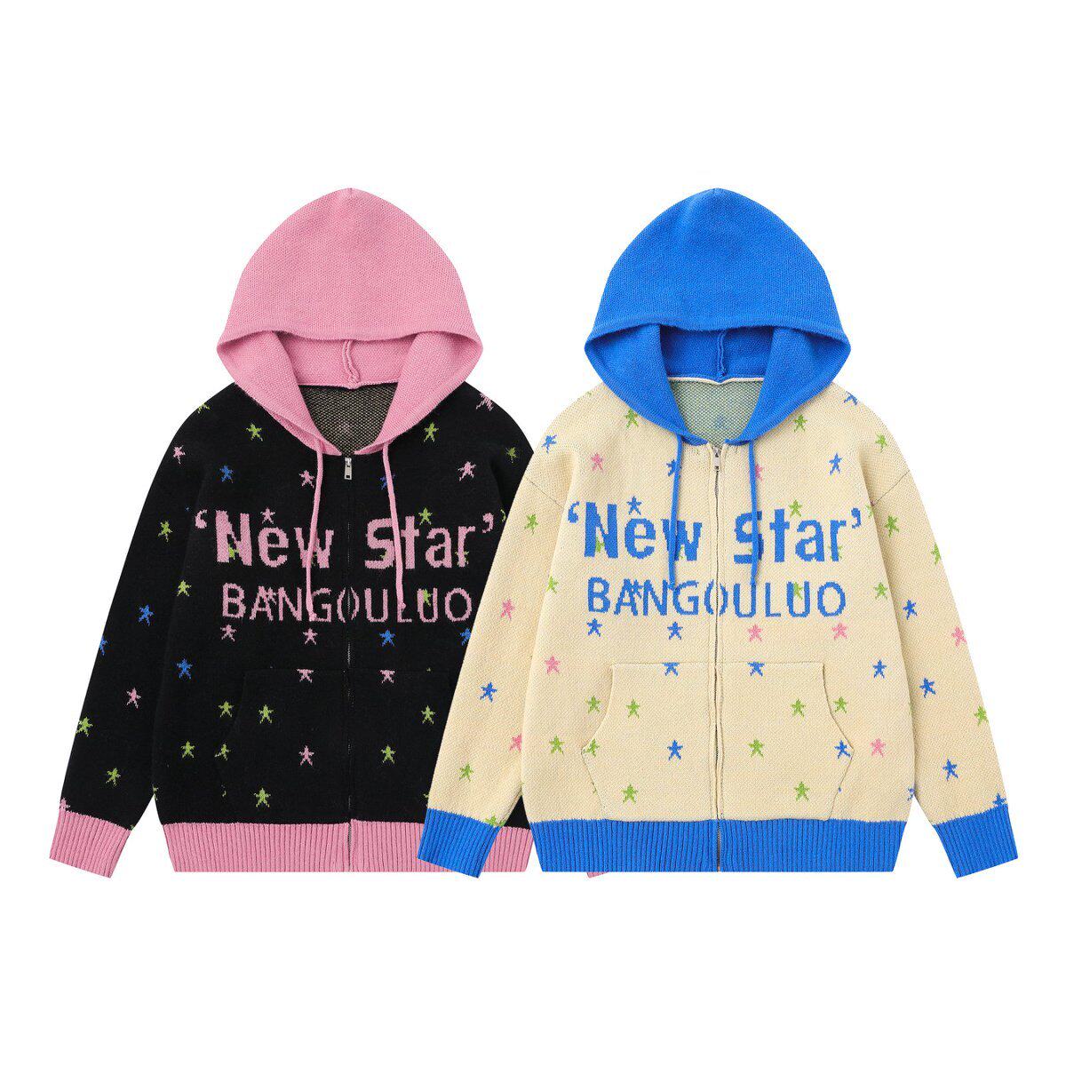 星星满印拼接拉链连帽毛衣女秋冬宽松韩系慵懒chic针织衫外套上衣