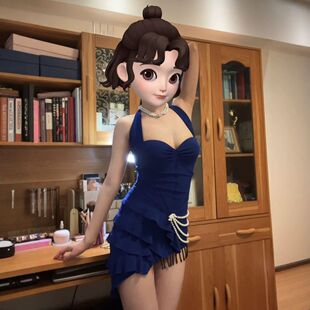 lilly舞服拉丁舞服新款 练功服演出服蓝色丝绒珍珠挂脖包臀连衣裙