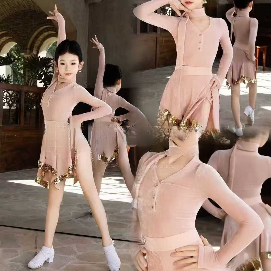 同款美新练功服少儿拉丁舞服冬季新款粉色丝绒长袖亮片半身裙女童