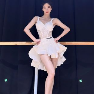 美辰舞服白色纯欲拉丁舞练功服性感分体套装 鱼骨大摆裙伦巴女成人