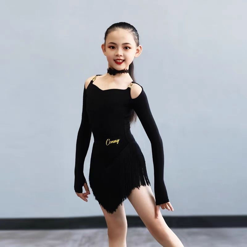 CONNY拉丁舞服女舞蹈训练功连体上衣长袖流苏裙儿童黑色上课套装