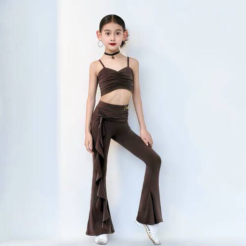 CONNY拉丁舞训练服女儿童日常跳舞蹈练功服吊带上衣微喇叭裤套装