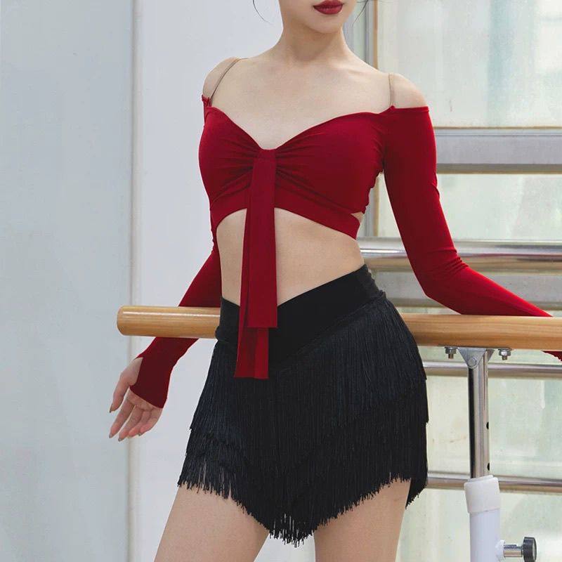 DZ拉丁舞服女成人新款一字肩上衣半身短裙舞蹈高级感练功服套装