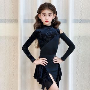 歌瑞亚拉丁舞服女童新款秋植绒套装儿童恰恰拉丁训练功表演服