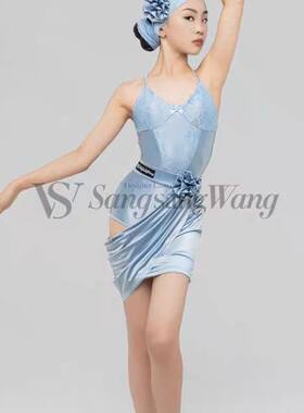 Sswang女童拉丁舞练功服超丝滑缎光花朵半身裙连体衣蕾丝发带