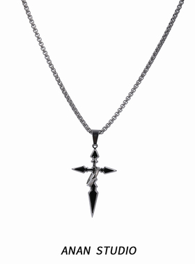 【ANAN】黑色环绕十字架项链男女潮流嘻哈小众百搭毛衣链吊坠男士