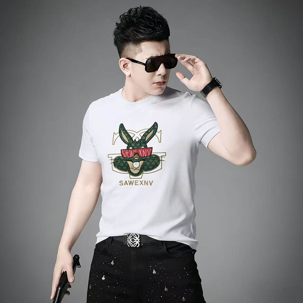 潮牌男士高端短袖T恤时尚个性兔子刺绣潮流丝光棉薄款半袖上衣男t
