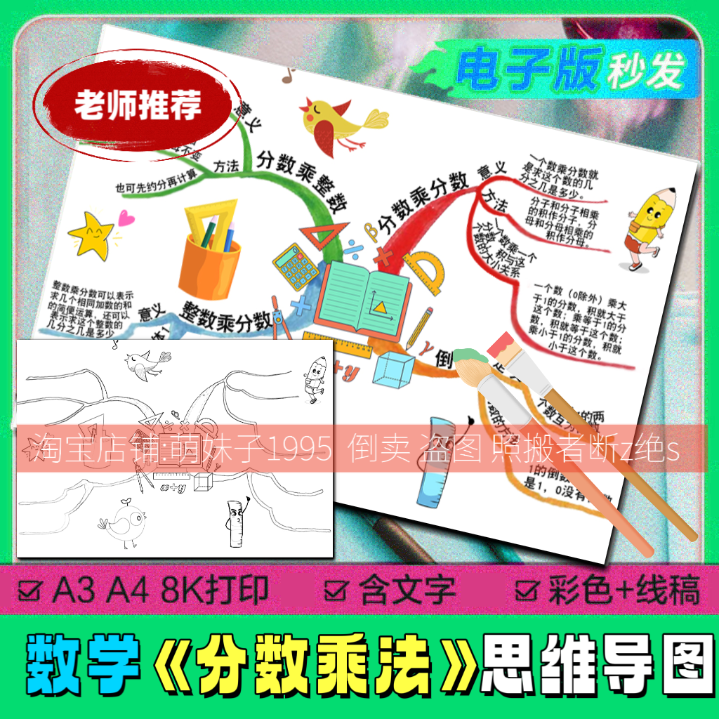 五年级下册第三单元分数乘法手绘思维导图线稿手抄小报北师大数学