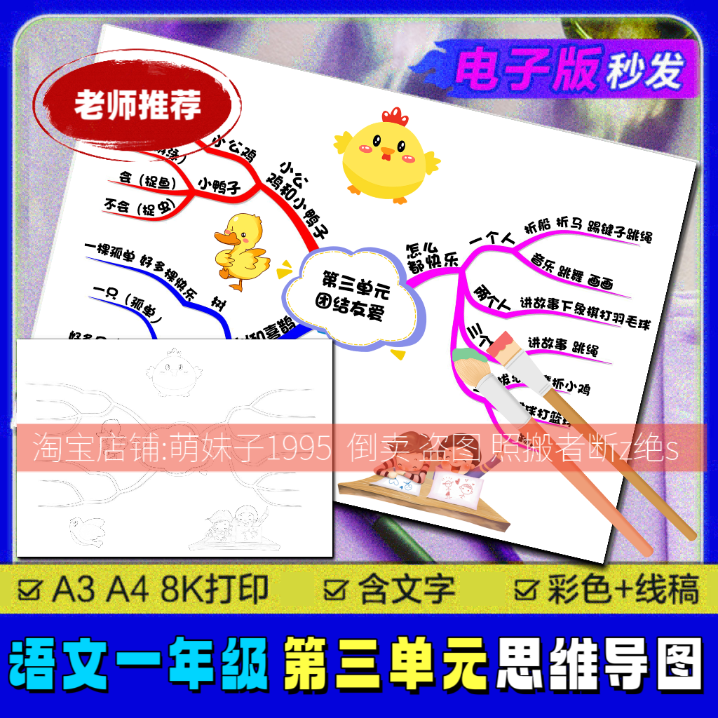 思维导图线稿手抄小报模版人教部编版语文一年级下册第三单元手绘