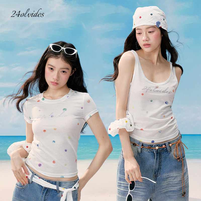 24olvides“夏日彩色波点basic”彩色波点印花烫钻吊带背心 短袖