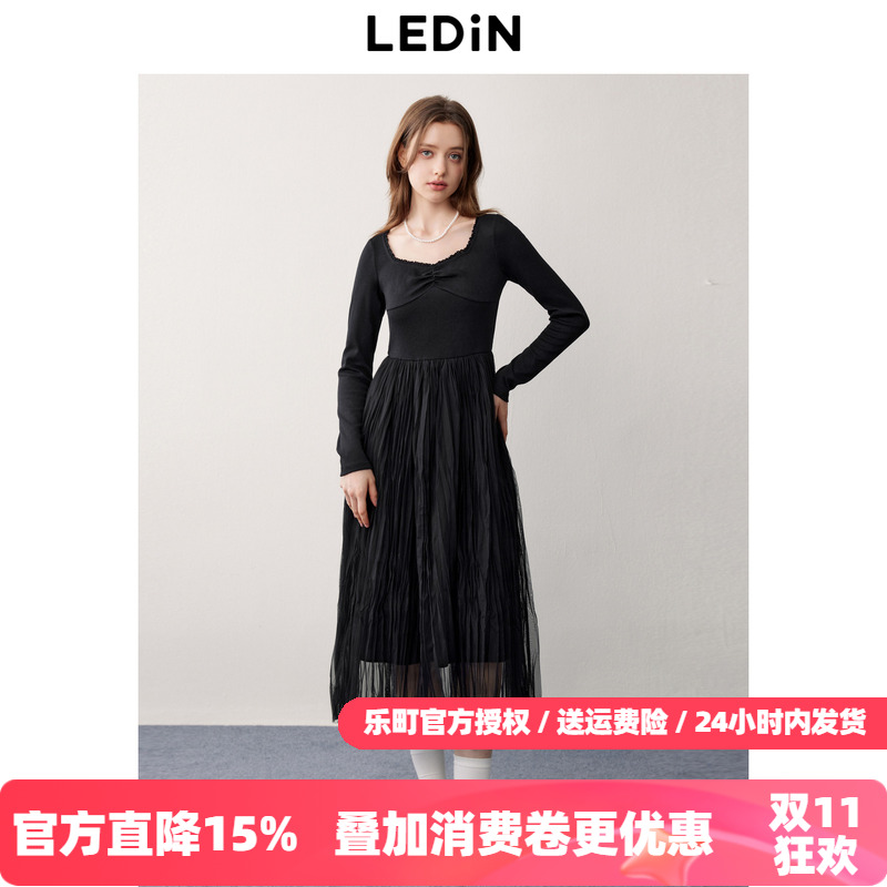 乐町芭蕾风吊带连衣裙秋季新款针织拼接网纱裙仙女感小黑裙