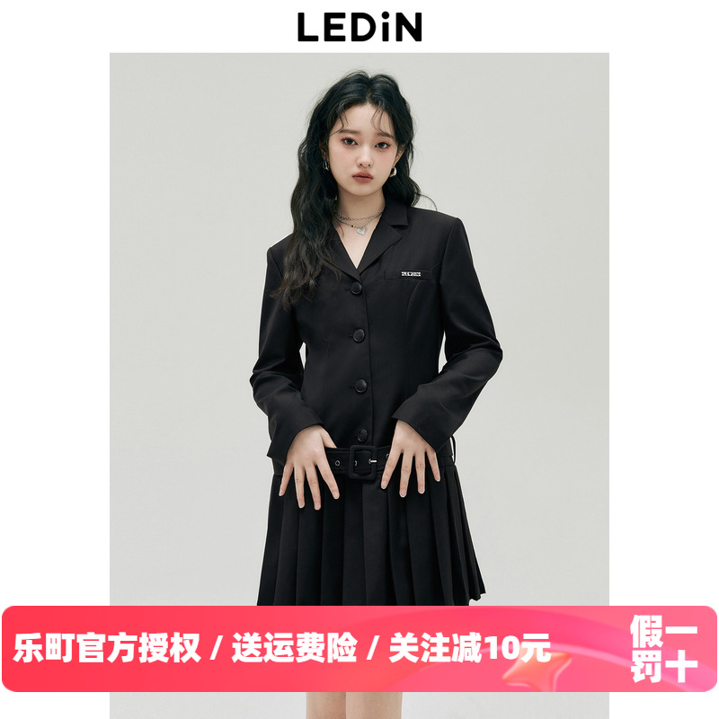 【断码清仓】乐町设计感西装领连衣裙秋季黑色通勤高级感长袖裙子